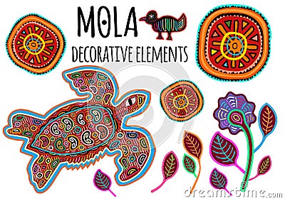Beautiful ethnic vector elements in Mola style. Patchwork exotic animals collectiion. Indian atmosphere, tribal design. Vector Illustration