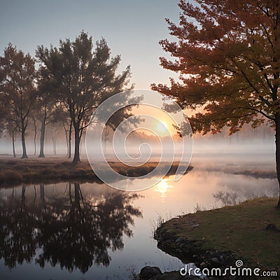 Beautiful European landscape misty morning scene of nature over the lake. View of Forest lake in fall to winter season Stock Photo