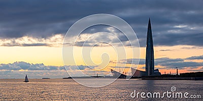 Beautiful evening panorama with a great skyscraper on the seashore Editorial Stock Photo