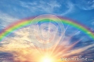 Beautiful evening sunset with rainbow Stock Photo