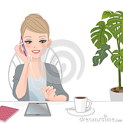 Beautiful executive woman talking on the phone with touch pad Vector Illustration