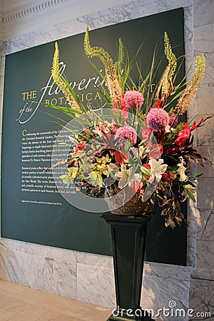 Beautiful exhibit of botanical flowers, set on table of Cleveland Art Museum, Ohio, 2016 Editorial Stock Photo