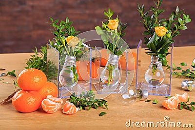 A beautiful exhibition of lamps and fruits Stock Photo