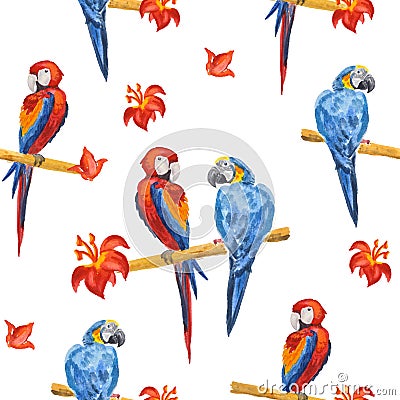 Beautiful exotic bird - macaw parrots. Original seamless pattern Cartoon Illustration