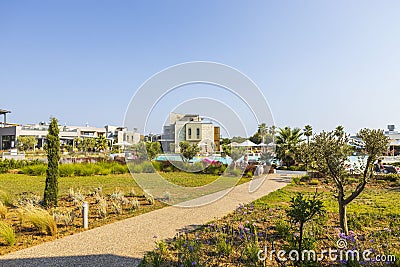 Beautiful exterior view of modern resort hotel on blue sky background. Editorial Stock Photo