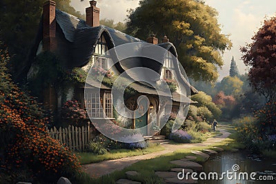 Beautiful fabulous house in a blooming fantasy garden. Neural network AI generated art Stock Photo