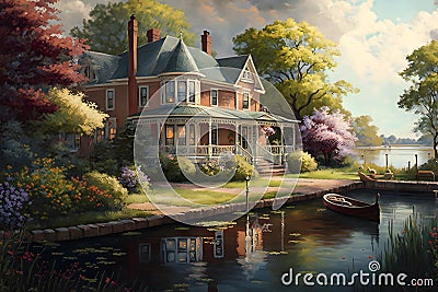 Beautiful fabulous house in a blooming fantasy garden. Neural network AI generated art Stock Photo