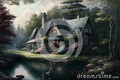 Beautiful fabulous house in a blooming fantasy garden. Neural network AI generated art Stock Photo