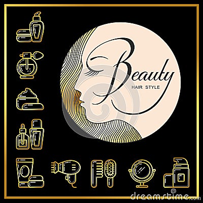 Beautiful face of girl with golden hair and beauty cosmetics icons_5 Vector Illustration