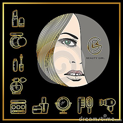 Beautiful face of girl with golden hair and beauty cosmetics icons_3 Vector Illustration