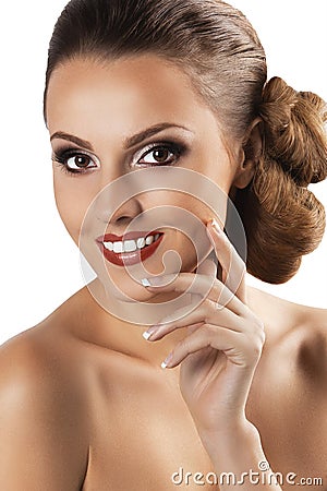 Beautiful face of young adult woman with clean fresh skin Stock Photo