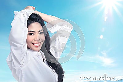 Beautiful face of young adult woman with clean fresh skin Stock Photo