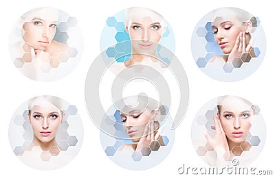 Beautiful face of young and healthy girl in collage. Plastic surgery, skin care, cosmetics and face lifting concept. Stock Photo