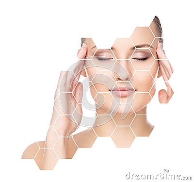 Beautiful face of young and healthy girl. Plastic surgery, skin care, cosmetics and face lifting concept. Stock Photo