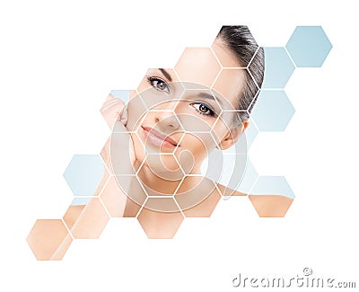 Beautiful face of young and healthy woman. Plastic surgery, skin care, cosmetics and face lifting concept. Stock Photo
