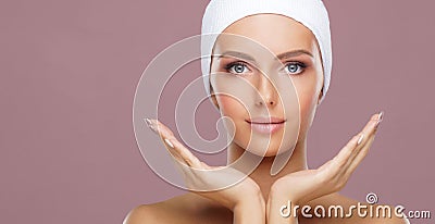 Beautiful face of young and healthy woman. Skin care, cosmetics, makeup, complexion and face lifting. Stock Photo
