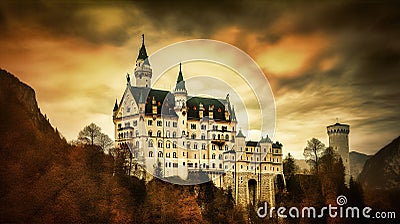 Beautiful fairy castle in misty mountains, AI generative Stock Photo