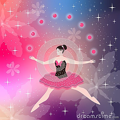 Beautiful fairy girl dances in the starry sky and flowers bloom from the dance Stock Photo
