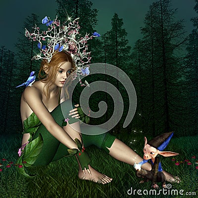 Beautiful fairy meeting a funny elf Stock Photo