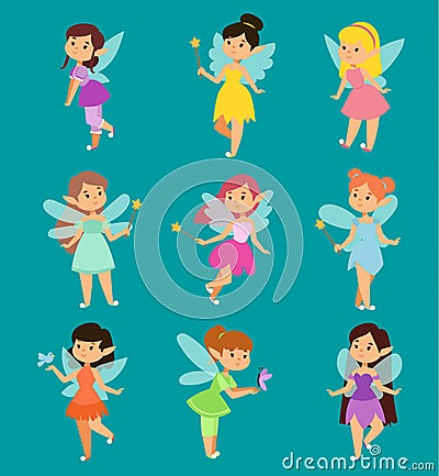 Beautiful fairy princesses vector fairy wings fly character magic wand set. Collection of cartoon fairies characters Vector Illustration