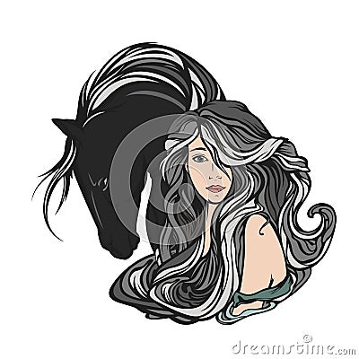 Fairy tale woman and horse art nouveau vector portrait Vector Illustration