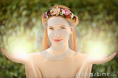 Beautiful fairy woman with glow in hands Stock Photo