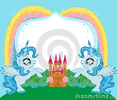 Beautiful fairytale castle and cute unicorns - frame Vector Illustration