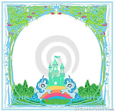 Beautiful fairytale castle and cute unicorns - frame Vector Illustration