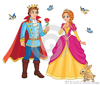 Beautiful fairytale Elf princess and prince with flower. Set characters. Children`s illustration, for print and sticker. Vector. Vector Illustration