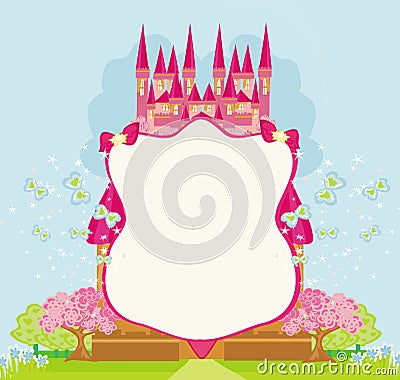 Beautiful fairytale pink castle frame Vector Illustration