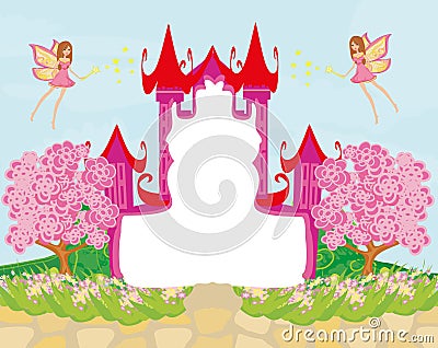 Beautiful fairytale pink castle frame Vector Illustration