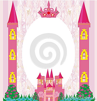 Beautiful fairytale pink castle frame Vector Illustration