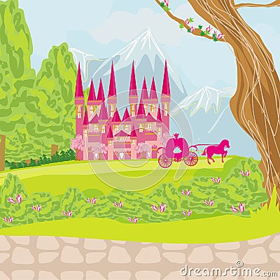 Beautiful fairytale pink castle Vector Illustration