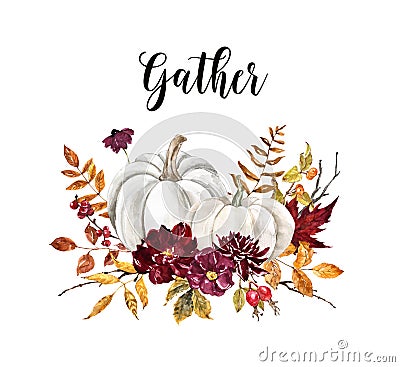 Beautiful fall pastel pumpkins arrangement on white background. White pumpkin floral decor with red and burgundy leaves, flowers Cartoon Illustration