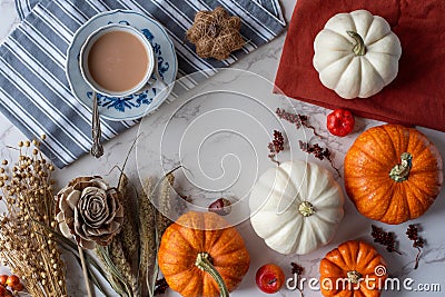 Beautiful Fall Pumpkin Arrangement with orange and blue hues Stock Photo