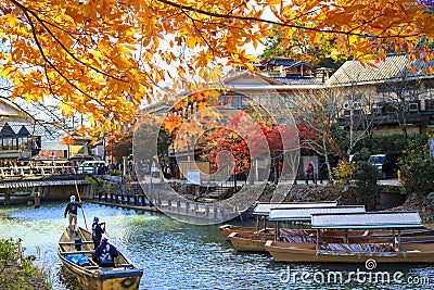 Beautiful fall season of maple and river, Arashiyama, Japan Editorial Stock Photo