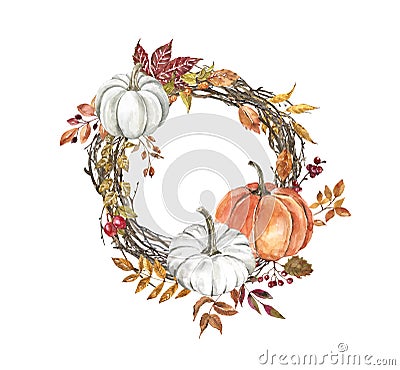 Watercolor fall wreath in rustic style. Fall harvest decor with orange and white pumpkins, colorful leaves and plants. Stock Photo