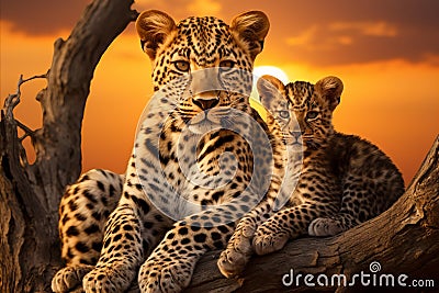 Beautiful family of leopards resting in the warm glow of the african savannah at sunset Stock Photo