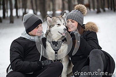 Beautiful family, a man and a girl in winter forest with dog. Play with the dog Siberian husky. Stock Photo