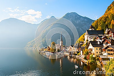 Hallstatt village in Austrian Alps in autumn Stock Photo