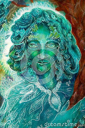 Beautiful fantasy emerald green fairy portrait, colorful close Stock Photo