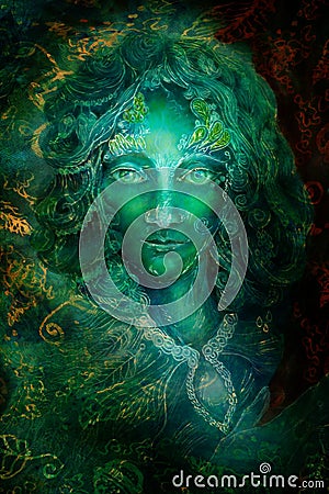 Beautiful fantasy emerald green fairy portrait, colorful close up painting, eye contact Stock Photo