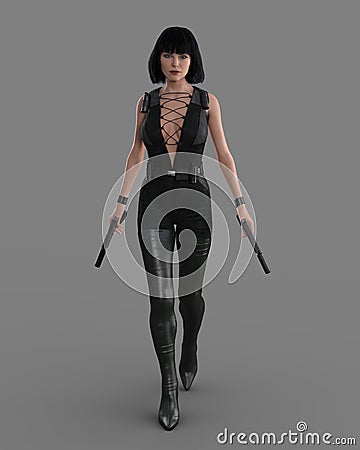 Beautiful fantasy female assassin walking with gun in each hand. 3D rendering isolated on grey backgorund Cartoon Illustration