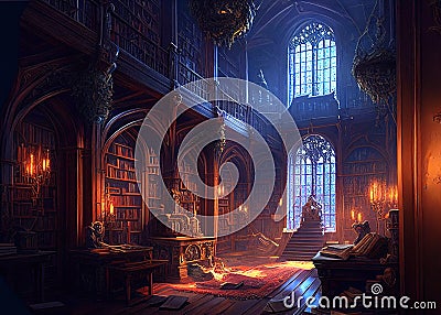 Beautiful Fantasy Gothic Library illustration Cartoon Illustration