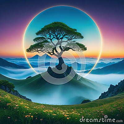 A beautiful fantasy landscape with a circular plant and a tree in the Cartoon Illustration