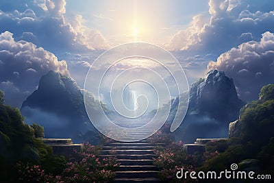 Beautiful fantasy landscape with spiritual pathway to heaven and paradise. Life after dead concept Stock Photo