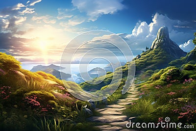 Beautiful fantasy landscape with spiritual pathway to heaven and paradise. Life after dead concept Stock Photo