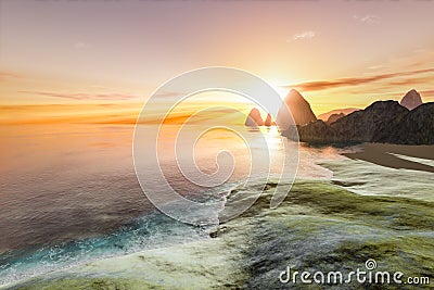 Beautiful fantasy landscape sunset scenery Cartoon Illustration