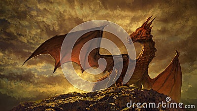 Beautiful fantasy red dragon - digital illustration Cartoon Illustration