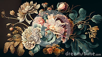 Beautiful fantasy vintage wallpaper different botanical flower bunch, retro motif for floral print digital background Stock Photo